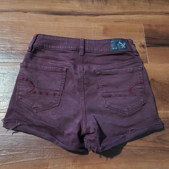 AMERICAN EAGLE SHORTS SZ 0 HI-RISE SHORTIE SUPER STRETCH BURGUNDY AEO Denim - Picture 2 of 7